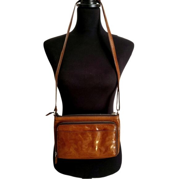 Brighton Patent Leather Crossbody Caramel Brown Handbag Wallet Shoulder Purse - Picture 2 of 13